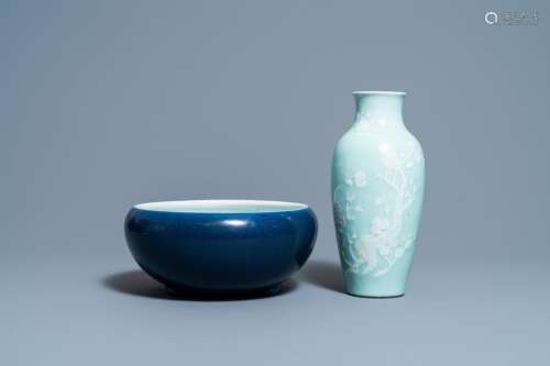 A CHINESE MONOCHROME BLUE CENSER AND A WHITE SLIP-DECORATED ...