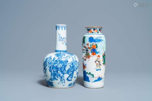 A CHINESE WUCAI ROULEAU VASE AND A BLUE, WHITE AND COPPER-RE...