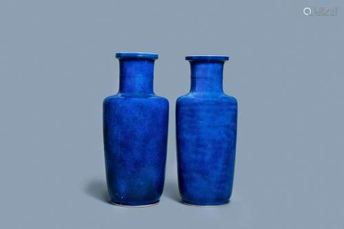 A PAIR OF CHINESE MONOCHROME POWDER BLUE ROULEAU VASES, KANG...