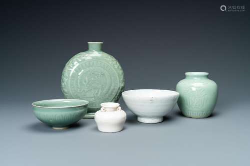 THREE CHINESE MONOCHROME CELADON AND BLANC DE CHINE VASES AN...