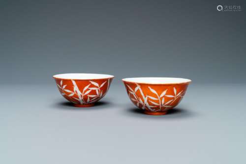A PAIR OF CHINESE 'BAMBOO' CORAL RED-GROUND BOWLS,...