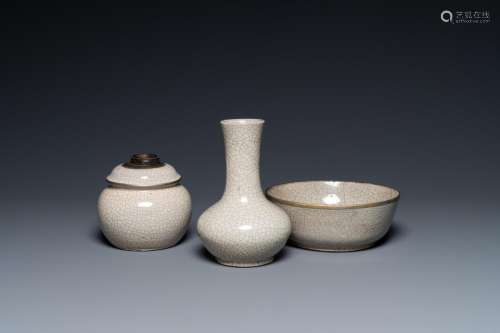 A CHINESE GE-TYPE CRACKLE-GLAZED VASE, A BOWL AND A WATER PI...
