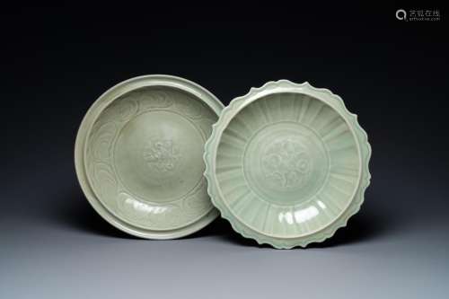 TWO CHINESE LONGQUAN CELADON DISHES WITH UNDERGLAZE DESIGN, ...