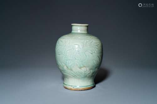 A CHINESE LONGQUAN CELADON 'MEIPING' VASE WITH INC...