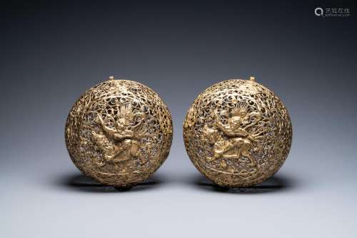 A PAIR OF RETICULATED TIBETAN COPPER INCENSE BALLS, 17/18TH ...