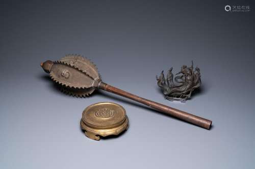 A BRONZE STAND, A WEAPON AND A FIGURATIVE ORNAMENT, CHINA AN...