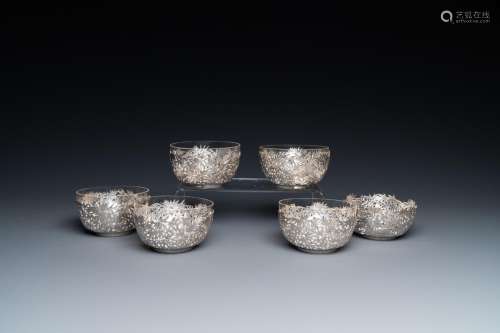 SIX CHINESE RETICULATED SILVER 'BAMBOO' BOWLS WITH...