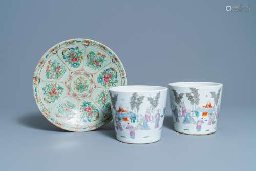 A PAIR OF CHINESE FAMILLE ROSE JARDINIERES AND A CANTON FAMI...