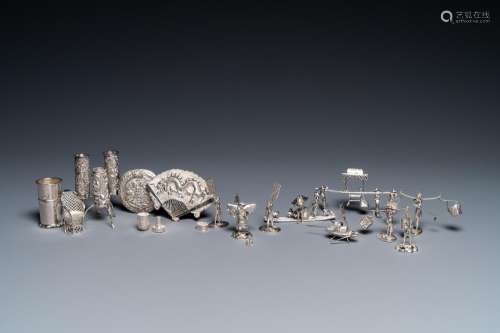 A COLLECTION OF CHINESE SILVER MINIATURES, A POWDER BOX AND ...