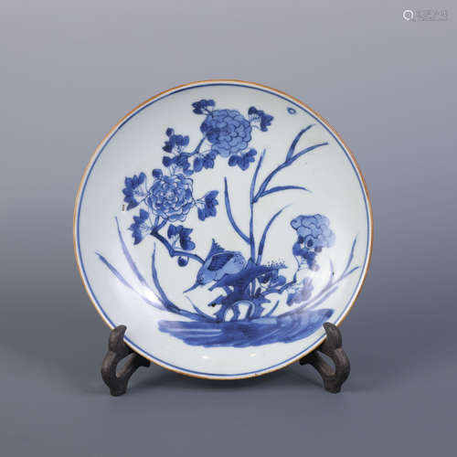 Blue and White Flower and Bird Plate, BihuZhai Mark