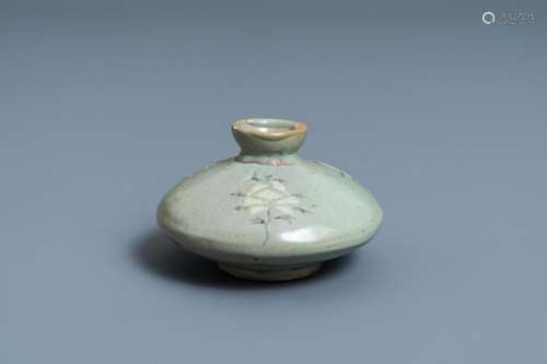 A KOREAN SLIP-INLAID CELADON WATER DROPPER OR OIL BOTTLE, PR...