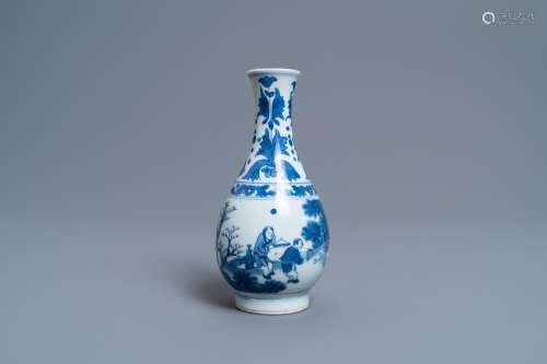 A CHINESE BLUE AND WHITE PEAR-SHAPED BOTTLE VASE, TRANSITION...