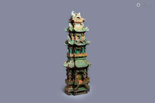 AN EXCEPTIONAL LARGE INSCRIBED CHINESE SANCAI-GLAZED PAGODA,...