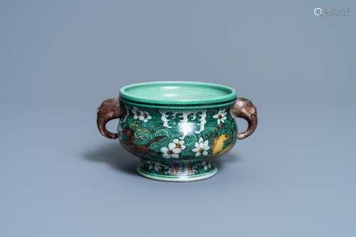 A CHINESE VERTE BISCUIT 'FLAMING HORSES' CENSER, J...
