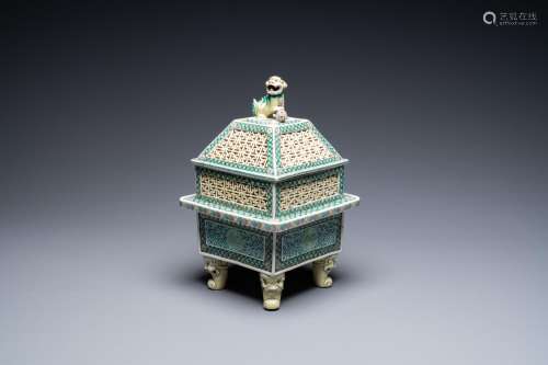 A CHINESE RETICULATED VERTE BISCUIT CENSER AND COVER, 19TH C...