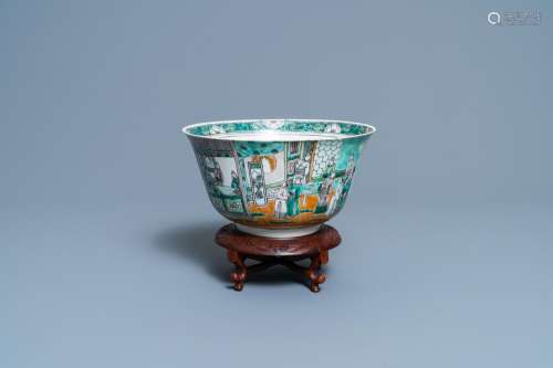 A CHINESE VERTE BISCUIT BOWL ON WOODEN STAND, 19TH C.