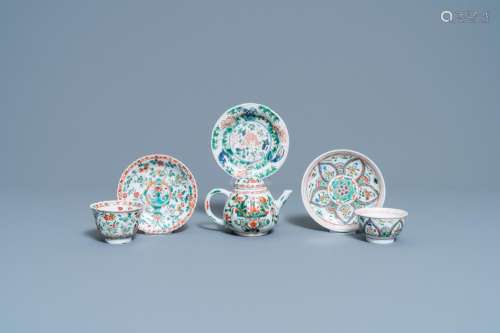 A CHINESE FAMILLE VERTE TEAPOT, TWO CUPS AND THREE SAUCERS, ...