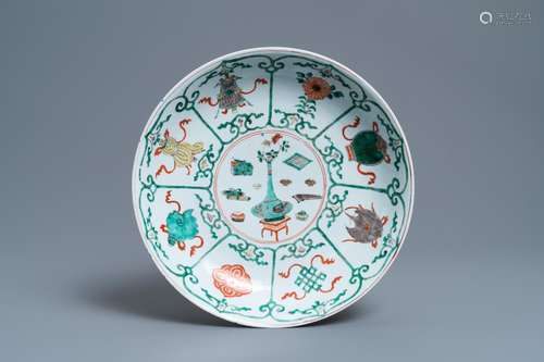 A CHINESE FAMILLE VERTE 'ANTIQUITIES' DISH, KANGXI