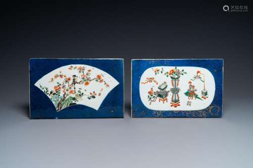 TWO CHINESE FAMILLE VERTE POWDER BLUE-GROUND PLAQUES, KANGXI