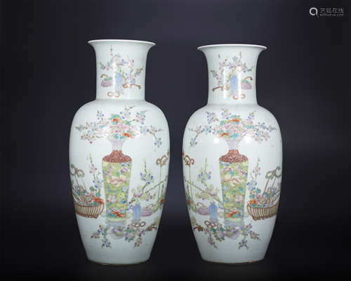 18th century, A pair of famille rose floral porcelain vases