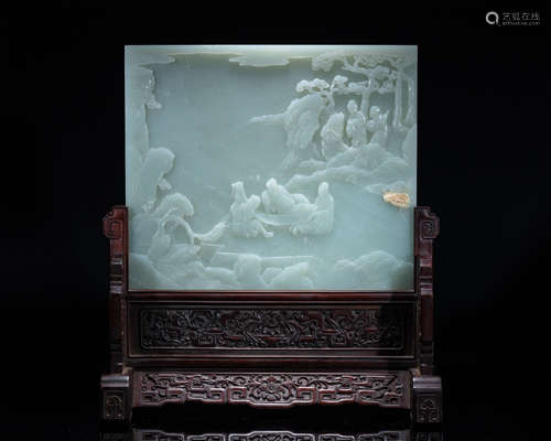 18th century, White jade landscape and carving figure table ...