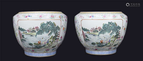 18th century, A pair of famille rose landscape pattern porce...