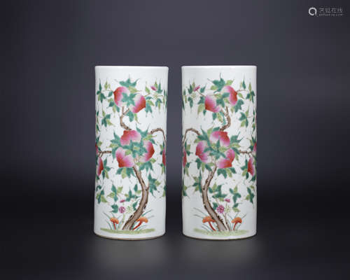 18th century, A pair of famille rose porcelain longevity pea...