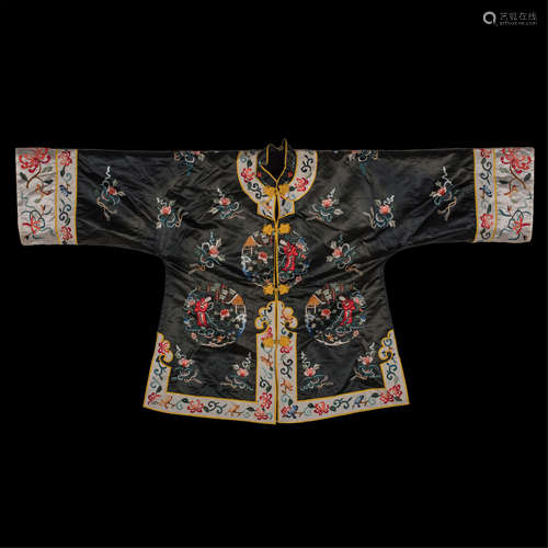 18th century, Black ground embroidery floral female dress