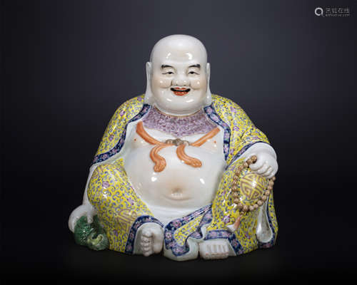 19th century, Yellow ground porcelain Maitreya seated statue