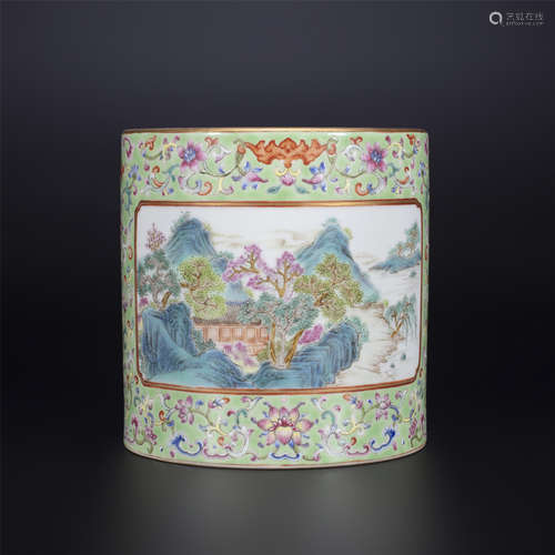 18th century, Famille rose porcelain brush holder with lands...