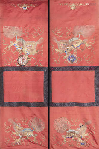 18th century, Pair of embroidery chair covers with lion patt...