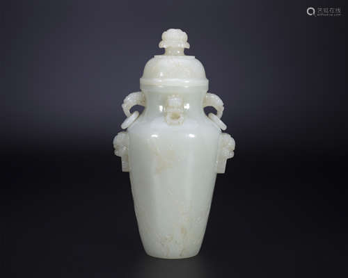 18th century, White jade vase with dragon ears and lid