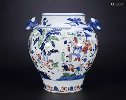 18th century, WU CAI porcelain jay with baby playing pattern