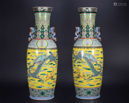 18th century, A pair of yellow ground famille rose  dragon a...