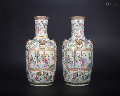 18th century, A pair of famille rose figure porcelain vases