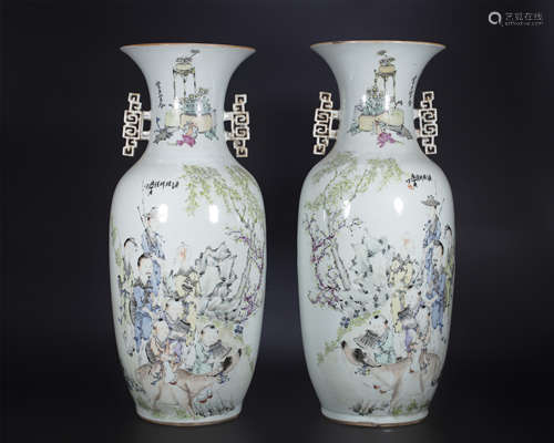 18th century, A pair of famille rose porcelain vases with fi...