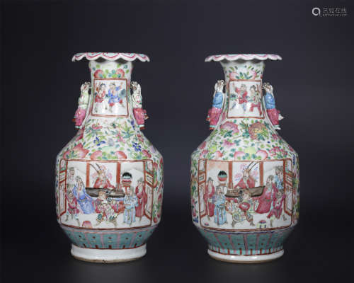 18th century, A pair of famille rose figure porcelain vases ...