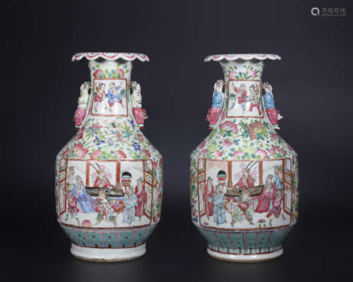 18th century, A pair of famille rose figure porcelain vases ...