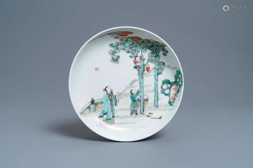 A CHINESE FAMILLE VERTE DISH WITH A BOY IN A TREE, YONGZHENG