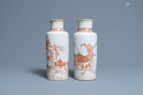 TWO CHINESE IRON-RED AND GILT ROULEAU VASES, KANGXI