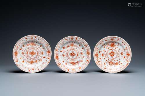 THREE CHINESE IRON-RED AND GILT PLATES WITH FLORAL DESIGN, K...