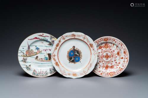 A CHINESE FAMILLE ROSE PLATE, AN ARMORIAL PLATE AND AN IRON-...