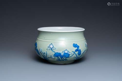 A CHINESE BLUE AND WHITE CELADON-GROUND CENSER, KANGXI