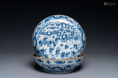 A CHINESE BLUE AND WHITE 'HUNDRED BOYS' BOX AND CO...