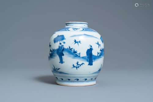 A CHINESE BLUE AND WHITE JAR WITH FIGURES IN A LANDSCAPE, HA...