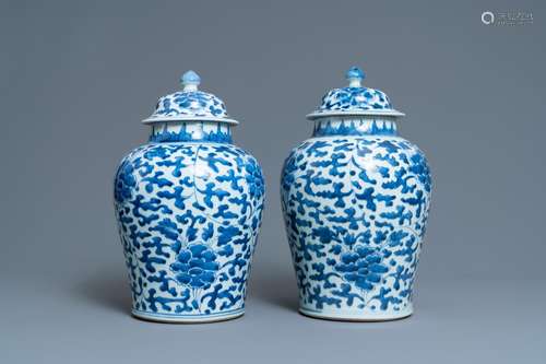 A PAIR OF CHINESE BLUE AND WHITE 'PEONY SCROLL' VA...