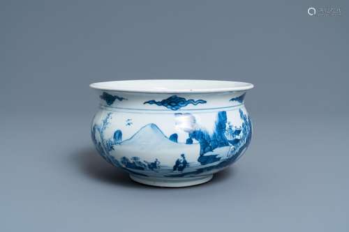 A CHINESE BLUE AND WHITE CENSER WITH FIGURES IN A MOUNTAINOU...