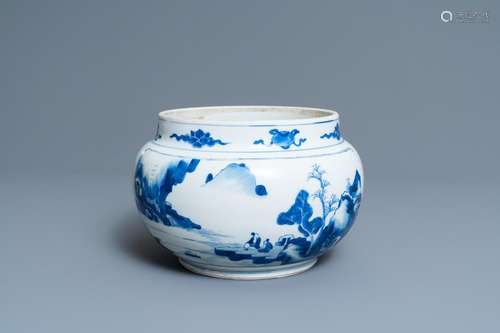 A CHINESE BLUE AND WHITE BOWL WITH FIGURES IN A LANDSCAPE, K...