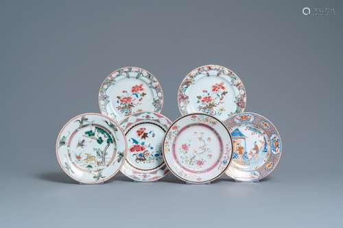 SIX CHINESE FAMILLE ROSE, VERTE AND IMARI-STYLE PLATES, KANG...