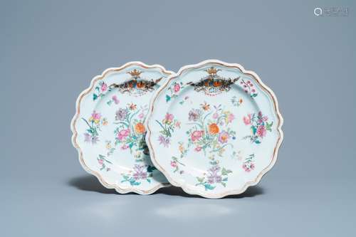 A PAIR OF CHINESE FAMILLE ROSE DANISH MARKET ARMORIAL PLATES...